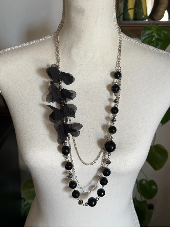 Vintage Jewelry - Vintage Black Chiffon Floral Silver Multi Strand Beaded Statement Necklace
